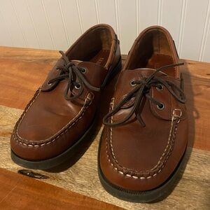 LL BEAN MOCCASIN BOAT SHOES BROWN COGNAC LEATHER CASUAL CAMP SLIP ON SIZE 11